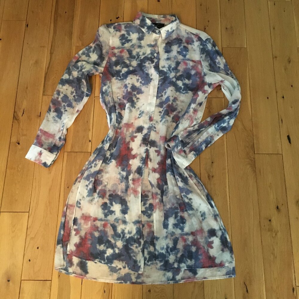 Lagenlook Artistic Ink Blot Tie Dye Longline Semi Sheer Open Front Boho Tunic S